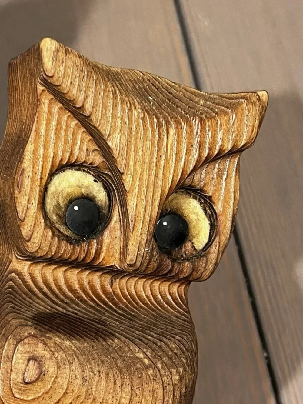 TWO Hand Carved Wooden Owls Big Eyes Folk Art 70s/80s Hanging Shelf Sitter MCM